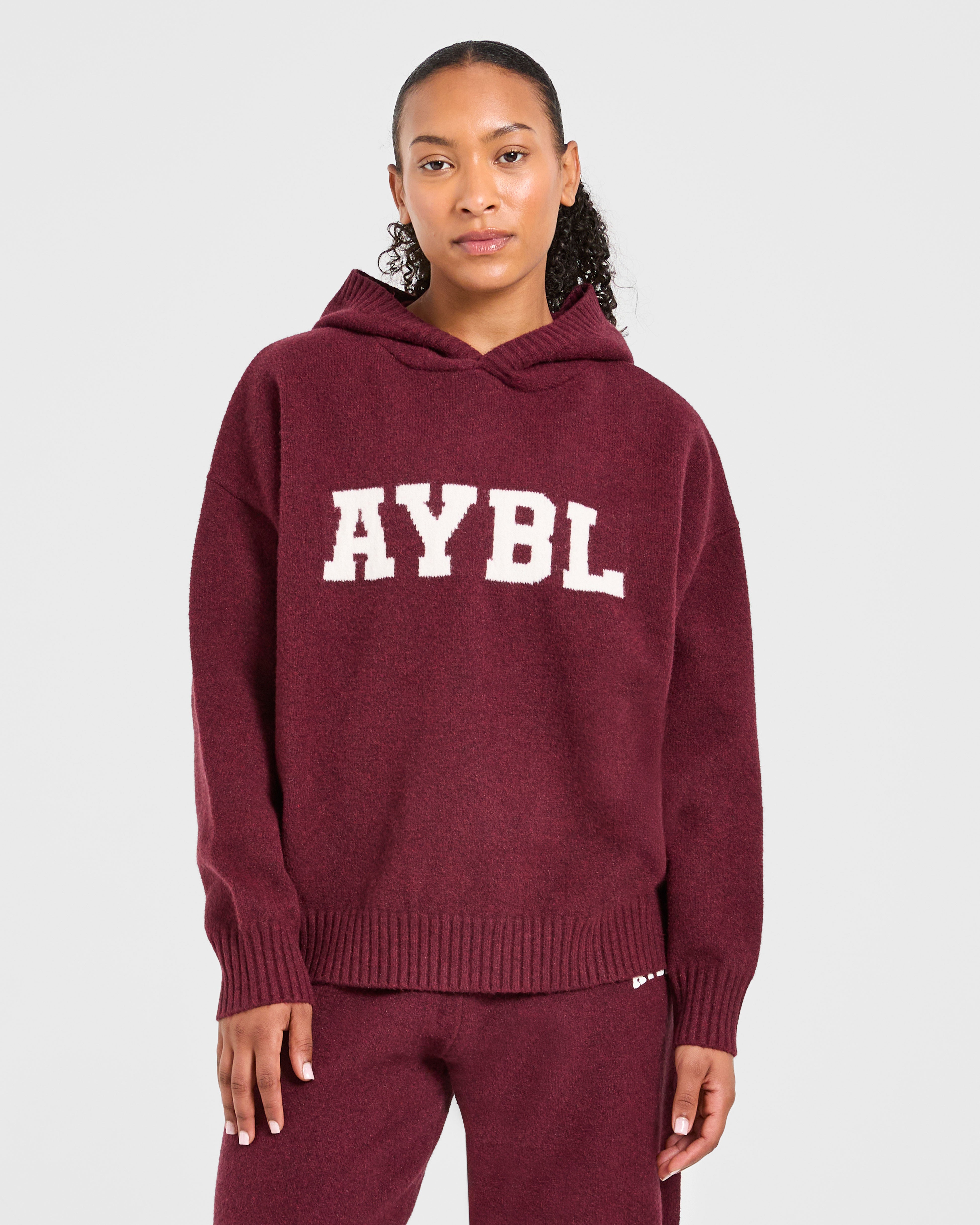 Varsity Oversized Knitted Hoodie - Burgundy