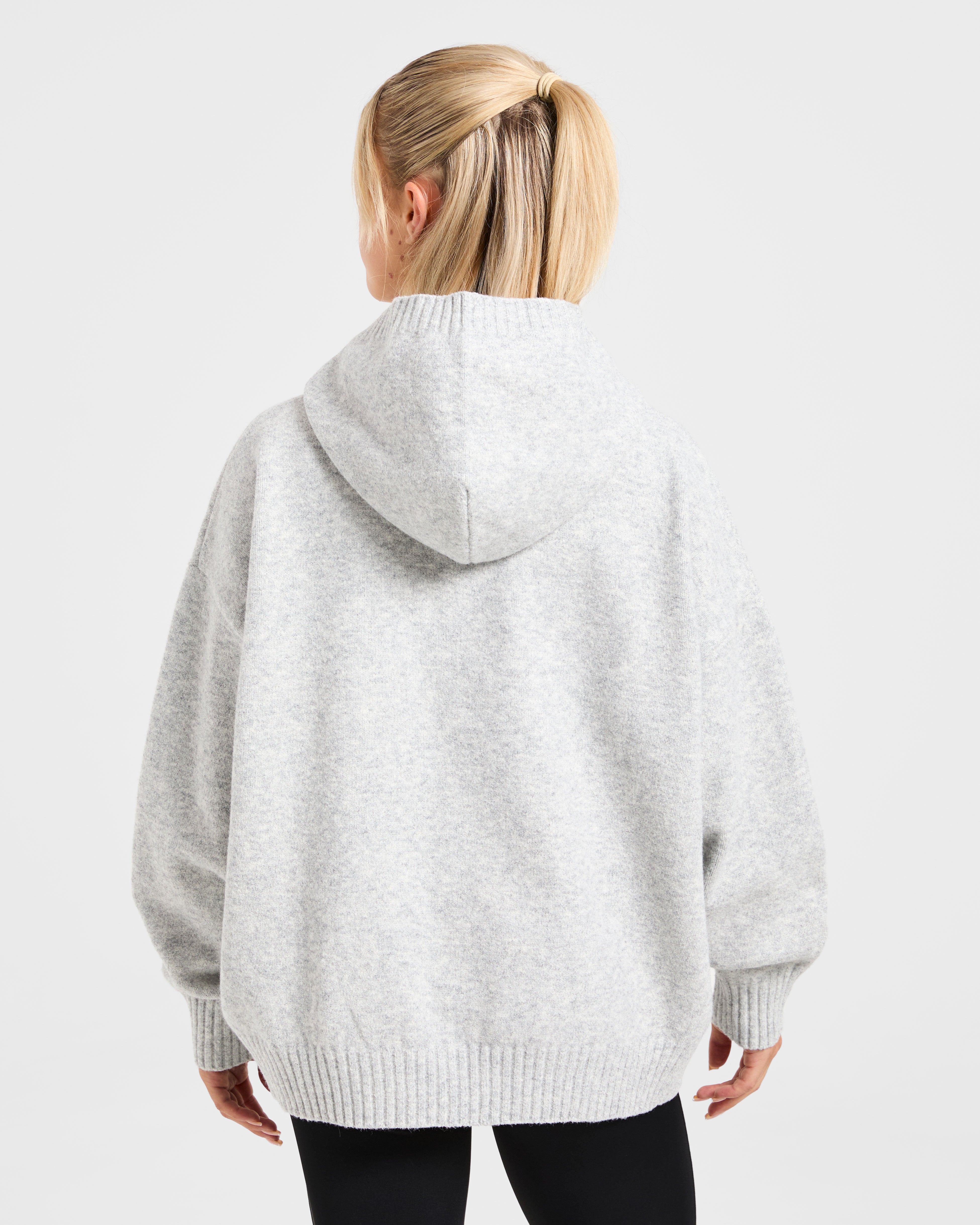 Varsity Minimal Logo Oversized Knitted Hoodie - Grey Marl/Burgundy