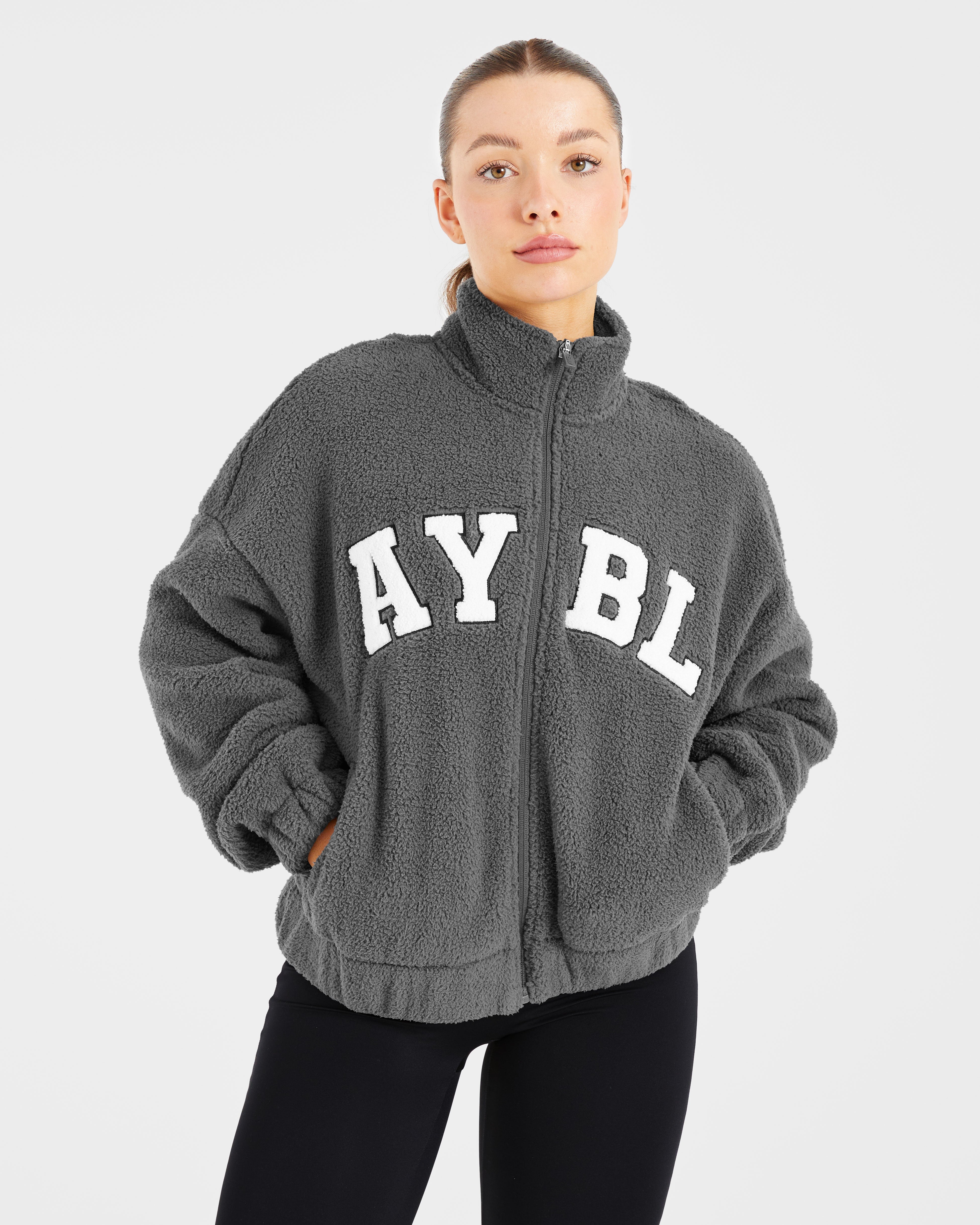 Varsity Oversized Fleece Zip Up Jacket - Charcoal