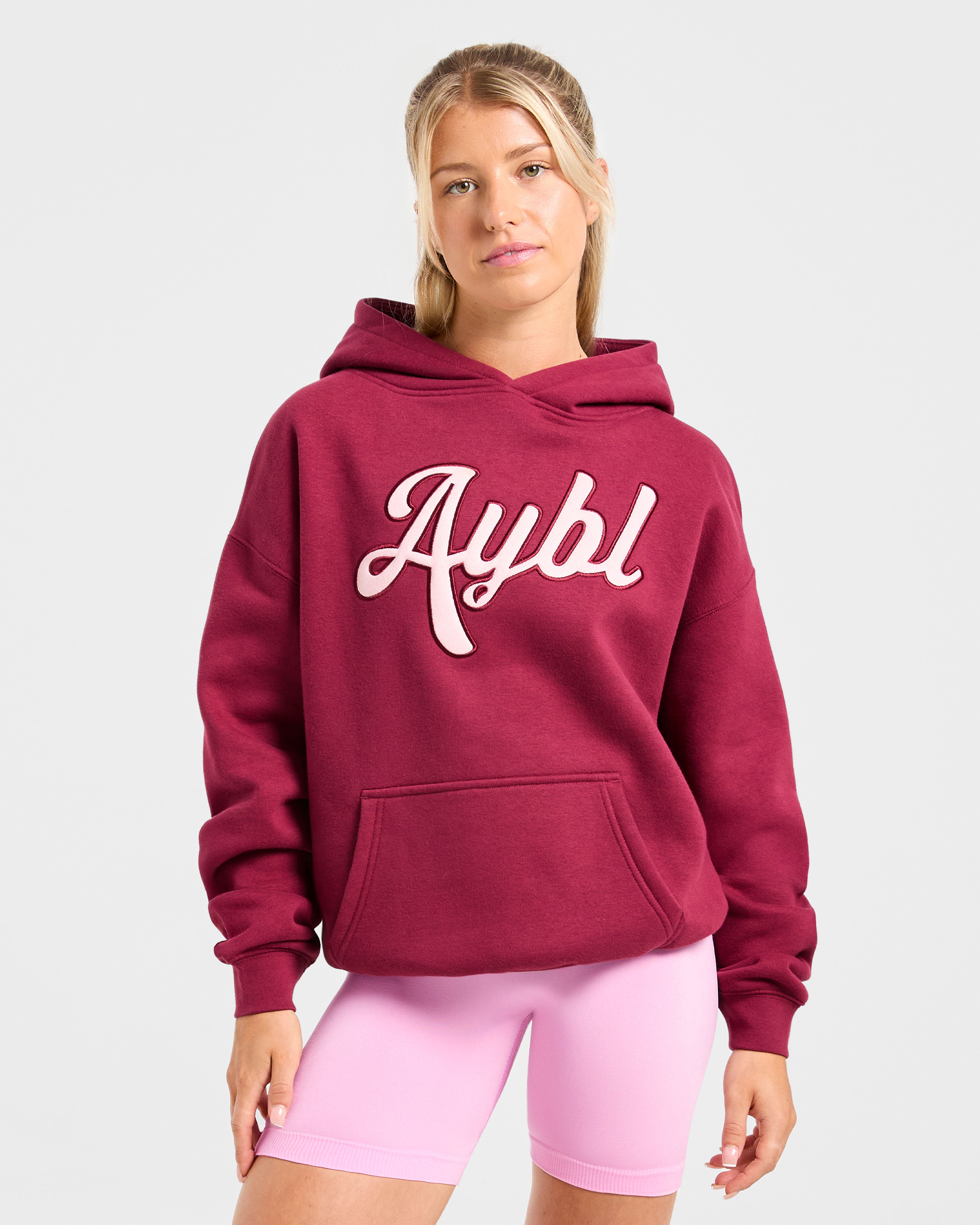 Script Embroidered Oversized Hoodie - Burgundy/Pink